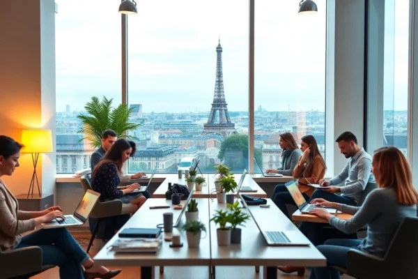 French freelance market professionals working remotely in a modern Paris office representing