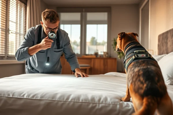 Technicus controleert een bed op bedwantsen met een vergrootglas en zaklamp in een moderne slaapkamer.