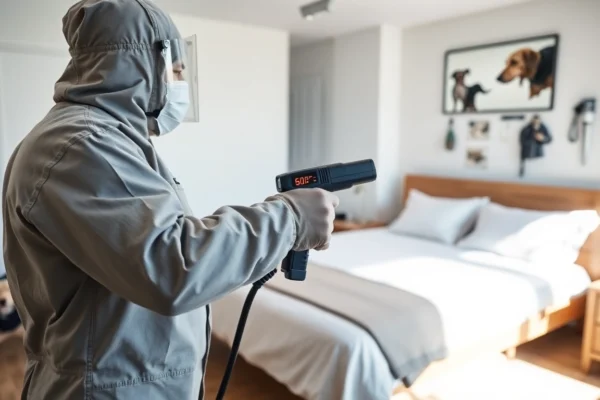 Pest control technician performing heat treatment for bedbugs in a bedroom.