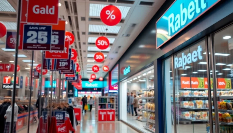 Retail store displaying Rabatt discounts on products, attracting customers with clear