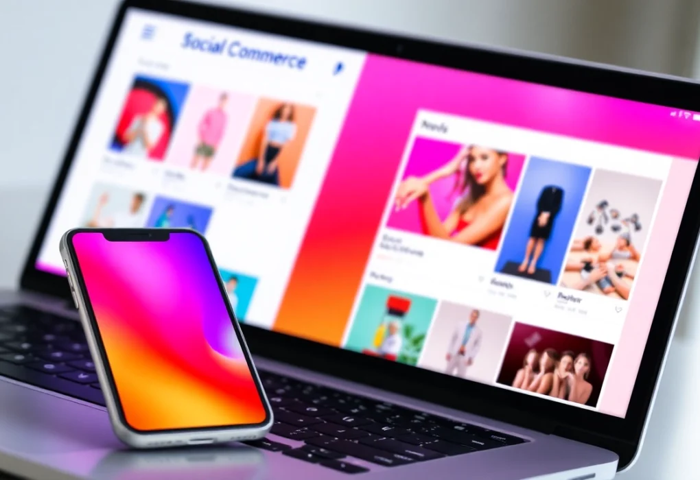 Social Commerce Updates Customers engaging with online shopping on mobile devices in a vibrant