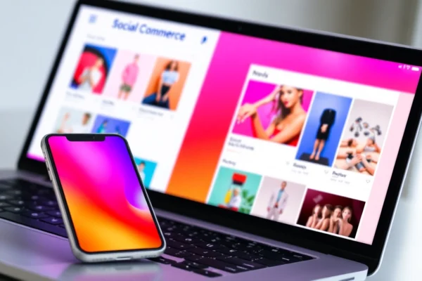 Social Commerce Updates Customers engaging with online shopping on mobile devices in a vibrant