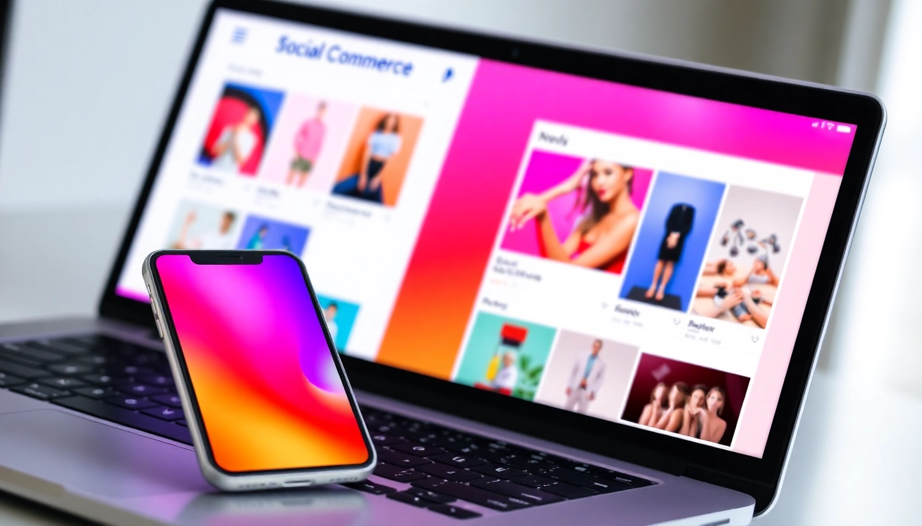 Social Commerce Updates Customers engaging with online shopping on mobile devices in a vibrant