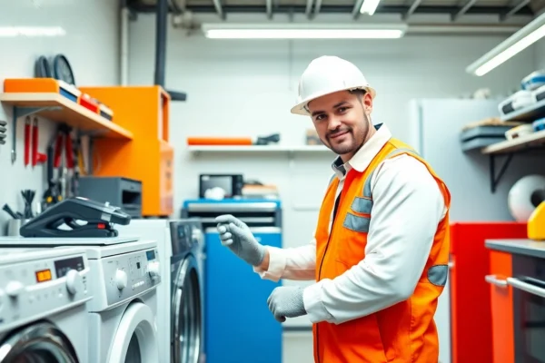 Professional technician performing appliance repair in Hamilton with tools and equipment for