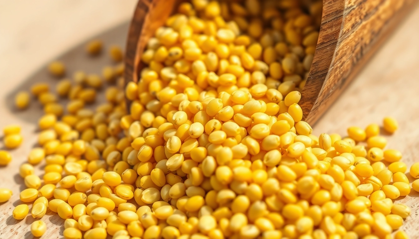 Fresh yellow mustard seeds being poured from a scoop, highlighting quality and natural freshness
