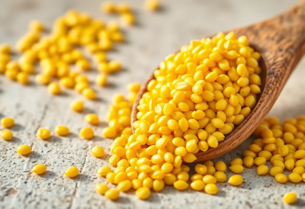 Close-up of yellow mustard seeds being poured from a spoon, showcasing their rich texture and