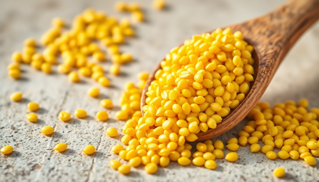 Close-up of yellow mustard seeds being poured from a spoon, showcasing their rich texture and