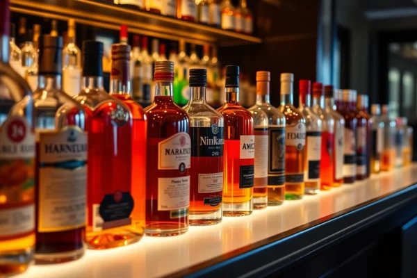 Liqors Birmingham showcasing a variety of premium spirits on a stylish bar shelf with inviting
