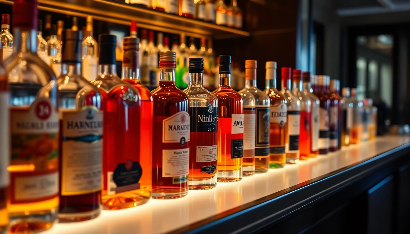 Liqors Birmingham showcasing a variety of premium spirits on a stylish bar shelf with inviting